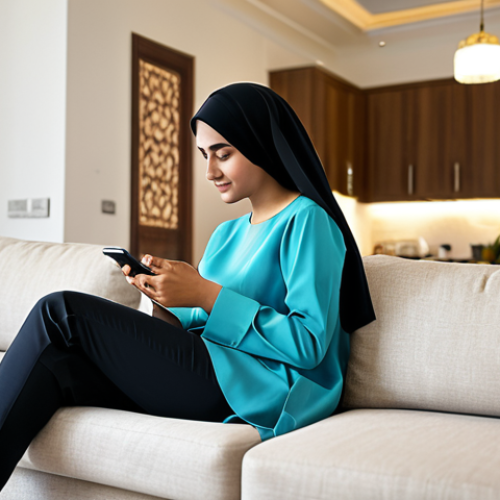 Home 4 A thoughtful adult, fully clothed in modest, contemporary attire, is comfortably seated on a modern sofa in a well-lit living room of an Arab home. The room features subtle, elegant Arabic interior design elements. The person is holding a smartphone, intently comparing different food delivery applications displayed on the screen, reflecting the "search for the perfect app" and "attraction of offers." The scene is captured with professional, soft natural lighting, emphasizing a peaceful and professional atmosphere. safe for work, appropriate content, fully clothed, professional dress, perfect anatomy, correct proportions, natural pose, well-formed hands, proper finger count, natural body proportions, professional photography, high quality, family-friendly.