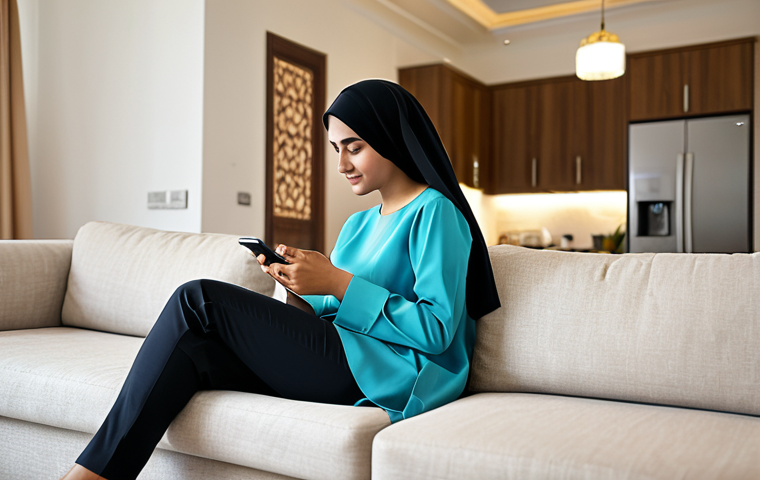 A thoughtful adult, fully clothed in modest, contemporary attire, is comfortably seated on a modern sofa in a well-lit living room of an Arab home. The room features subtle, elegant Arabic interior design elements. The person is holding a smartphone, intently comparing different food delivery applications displayed on the screen, reflecting the "search for the perfect app" and "attraction of offers." The scene is captured with professional, soft natural lighting, emphasizing a peaceful and professional atmosphere. safe for work, appropriate content, fully clothed, professional dress, perfect anatomy, correct proportions, natural pose, well-formed hands, proper finger count, natural body proportions, professional photography, high quality, family-friendly.