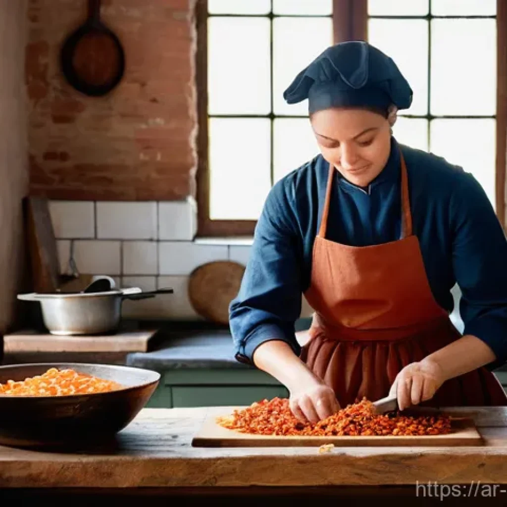 볼로냐 소스의 유래 - **Prompt:** A historical 18th-century Italian kitchen in Bologna, bathed in warm, soft natural light...