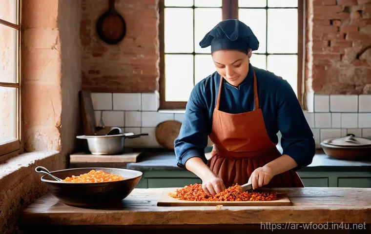 볼로냐 소스의 유래 - **Prompt:** A historical 18th-century Italian kitchen in Bologna, bathed in warm, soft natural light...