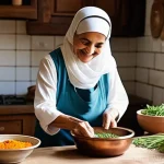 양식 간편식과 정통 요리 비교 - **Prompt:** A warm, inviting scene inside a traditional Middle Eastern kitchen. A kind-faced grandmo...