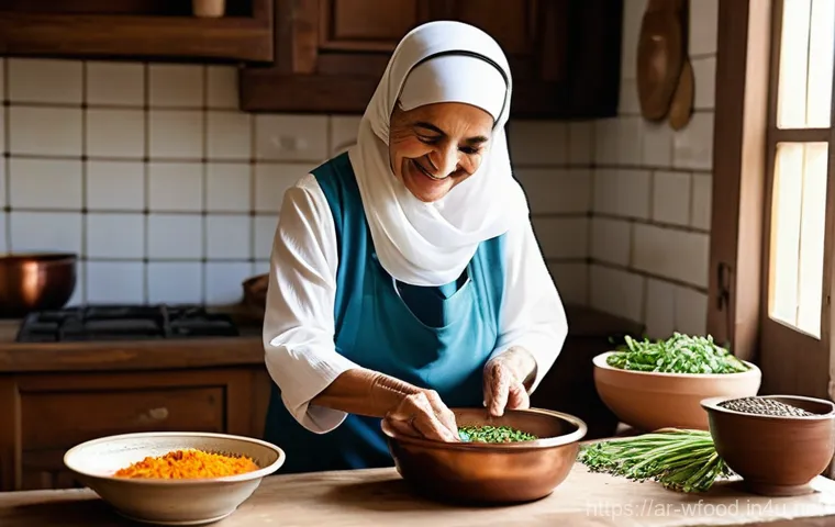 양식 간편식과 정통 요리 비교 - **Prompt:** A warm, inviting scene inside a traditional Middle Eastern kitchen. A kind-faced grandmo...