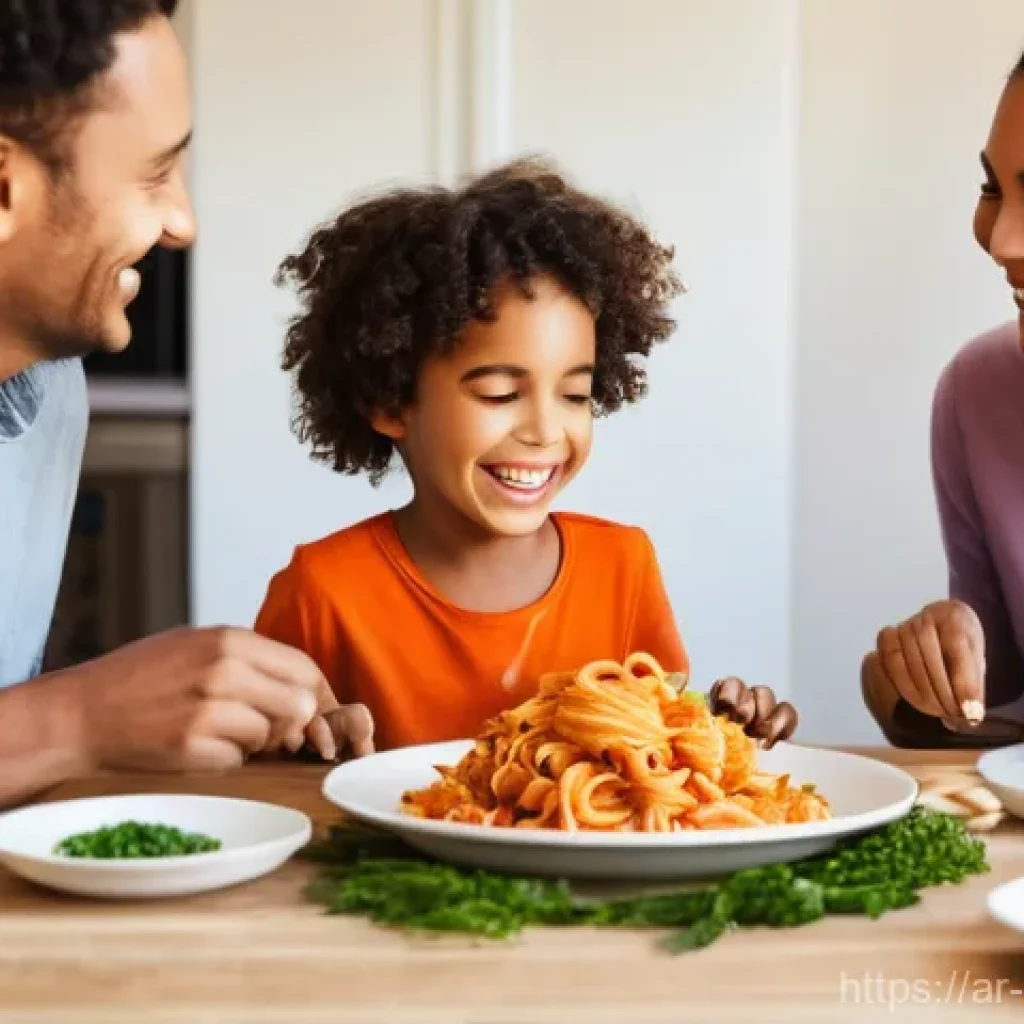 저칼로리 파스타 소스 만들기 - **Prompt:** A diverse and happy family, including a mother, father, and a child (around 6-8 years ol...