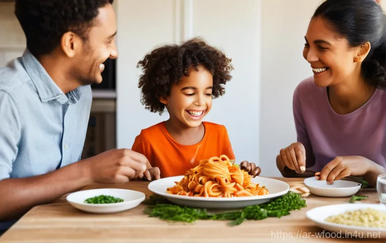 저칼로리 파스타 소스 만들기 - **Prompt:** A diverse and happy family, including a mother, father, and a child (around 6-8 years ol...