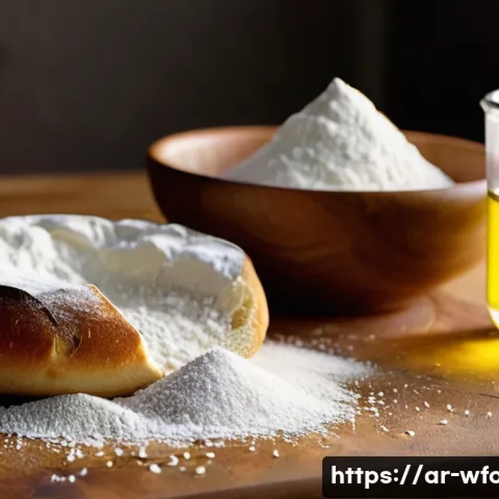 피자 도우 만드는 법 - **Prompt:** A beautifully composed, close-up shot of essential pizza dough ingredients on a rustic w...
