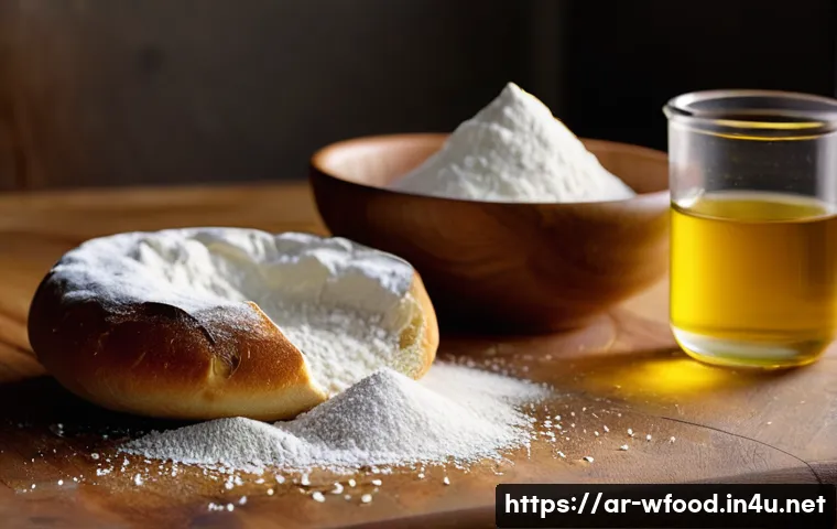 피자 도우 만드는 법 - **Prompt:** A beautifully composed, close-up shot of essential pizza dough ingredients on a rustic w...
