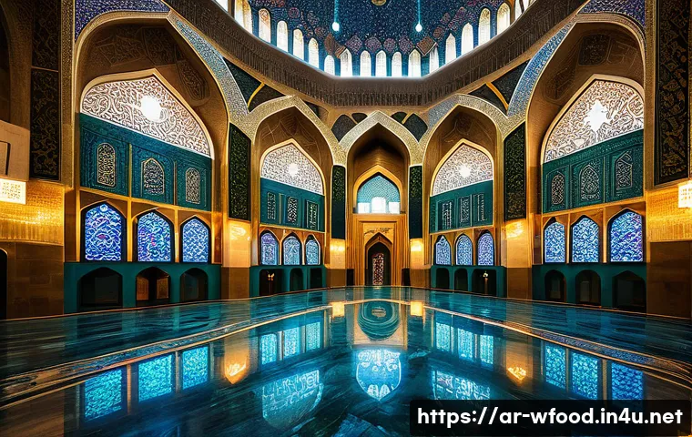 양식의 역사와 문화 - A majestic interior view of a grand Islamic mosque, showcasing stunning architectural details. Soari...