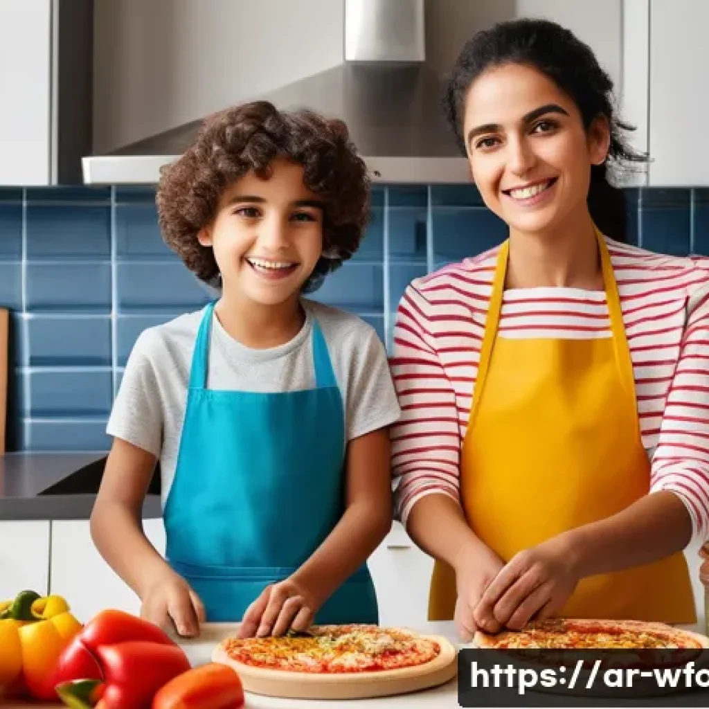 아이들을 위한 양식 요리 - A vibrant, colorful scene of a Middle Eastern family kitchen where a mother and her two children, dr...