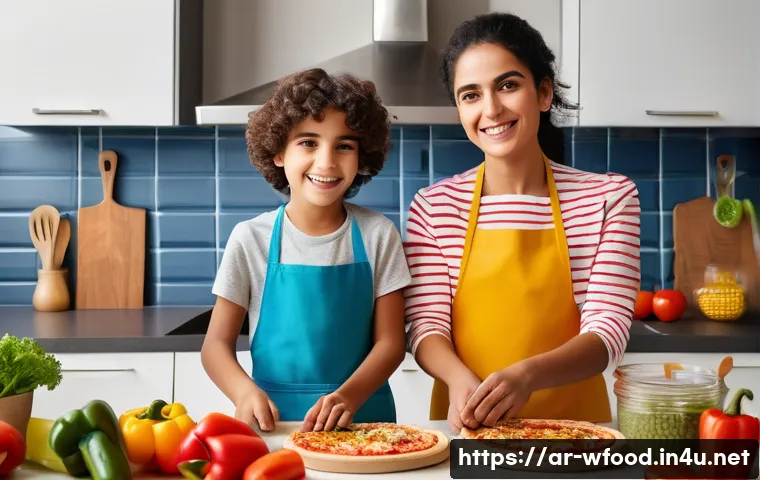 아이들을 위한 양식 요리 - A vibrant, colorful scene of a Middle Eastern family kitchen where a mother and her two children, dr...